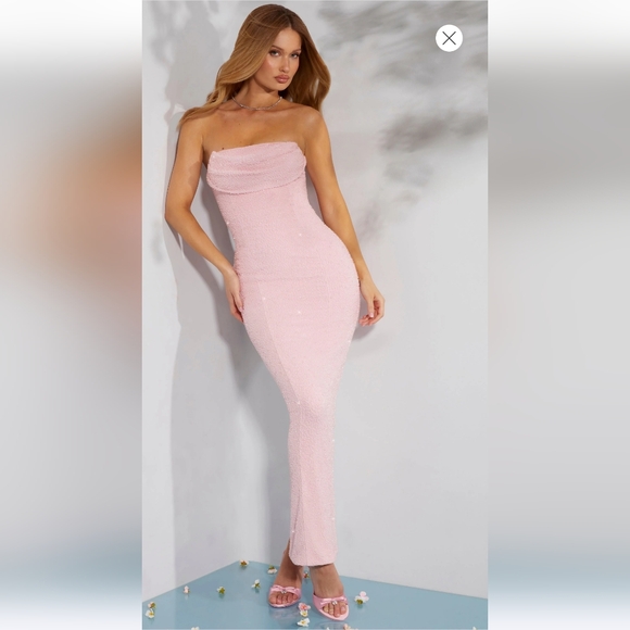 Oh Polly Palermo Embellished Bandeau Cowl Neck Maxi Dress Blush Size 4 - Picture 1 of 16